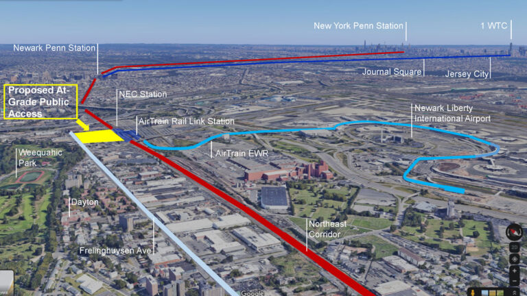 A detailed map showing proposed public access routes connecting various transit stations including Newark Penn Station and New York Penn Station.