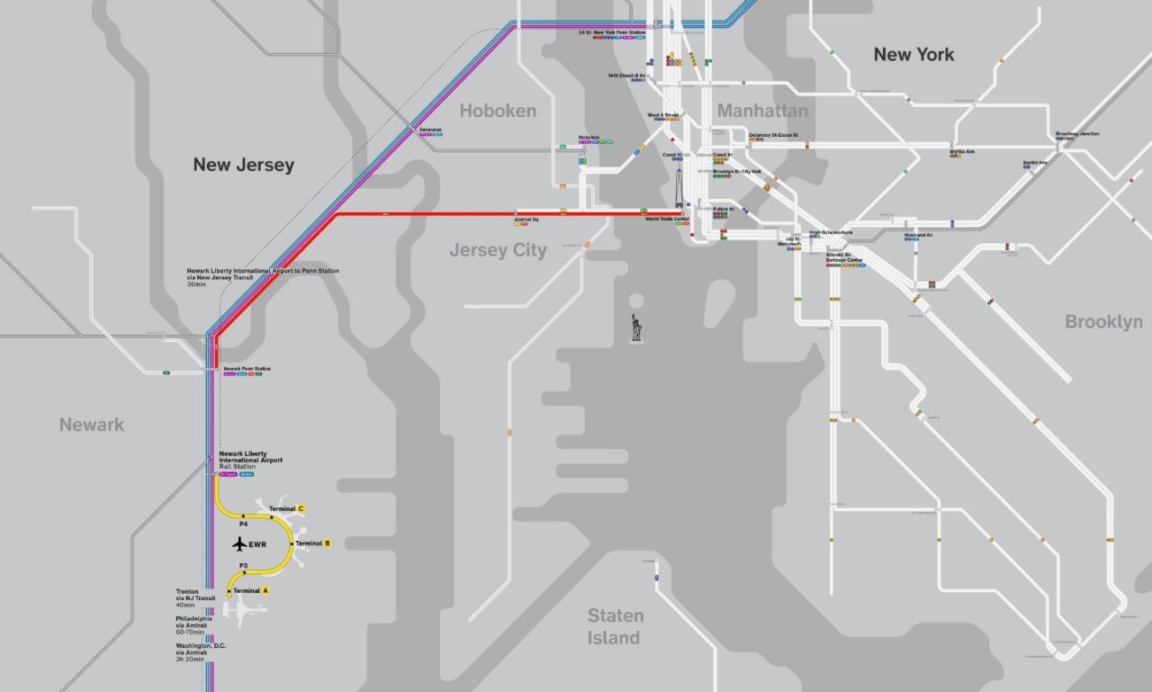 Map of regional transit links to EWR and connections to the Northeast Corridor train line. Credit: PANYNJ
