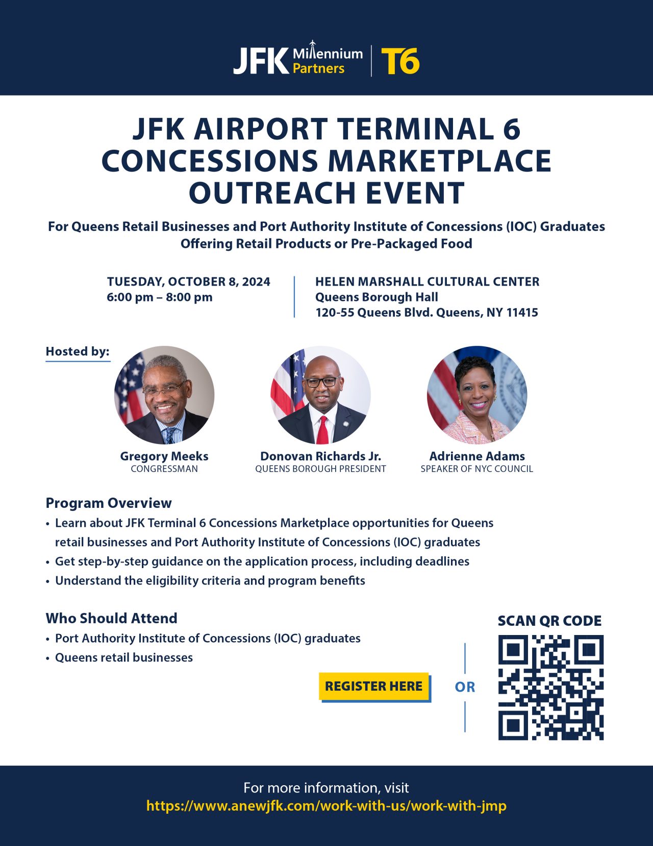 Flyer outlining main goals and registration for Terminal 6 Concessions Marketplace Outreach Event